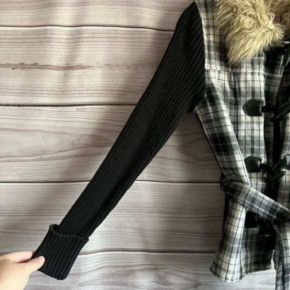 GLIMMER Black Plaid Button Front Hooded Faux Fur Wool Blend Tie Jacket Size M - Picture 3 of 7